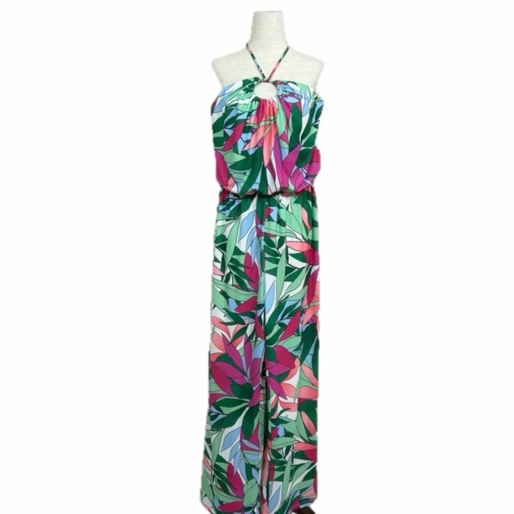 Boston Proper Tropical Palm Print Dela Halter Ring Jumpsuit‎ Sz S